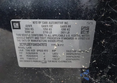 2010 GMC Terrain Sle-2 z USA, uszkodzony, nr VIN 2CTFLEEY0A6347872
